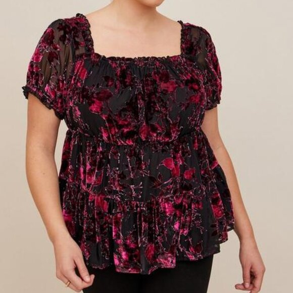 torrid Tops - Torrid Plus Size Babydoll Velvet Floral Black Magenta Tiered Top Size 3X